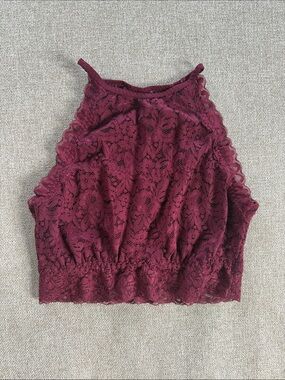 High-Neck Lace Crop Cami in Burgundy - size M